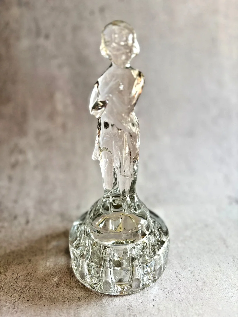 Art Glass Flower Frog Figural Boy UV Reactive Glow Clear Glass MCM Sculpture